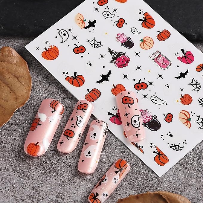 Halloween Nail Art Stickers, Pink Pumpkin Nail Decals, 3D Self-Adhesive Spider-Web Bat Design for DIY Nail Supplies Decoration (6 Sheets)