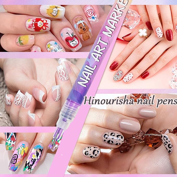 Hinourisha12pcs Nail Art Pens Sets, Nail Art Marker, 0.5mm Fine Tip Easiest Color Pens for Beginners painting nails, Nail Polish Pen Quick-drying Waterproof, Valentines Day Gifts for women