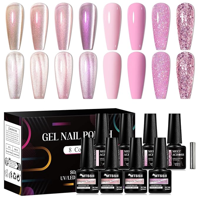 MEET ACROSS 8pcs Gel Nail Polish Set, Soak off UV LED Lamp Gel Nail Polish Cat Eye Set Home Gel Manicure Kit 7ml (Cat Eye + color Gel-6)