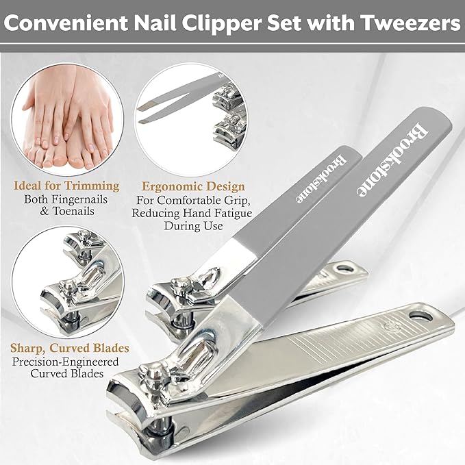 Brookstone Nail Clippers Set - Premium Stainless Steel Nail Clipper and Nail Cutter with Rubberized Non-Slip Grip, Includes Case and Tweezer, Two Nail Clippers for Precision Grooming (Grey)