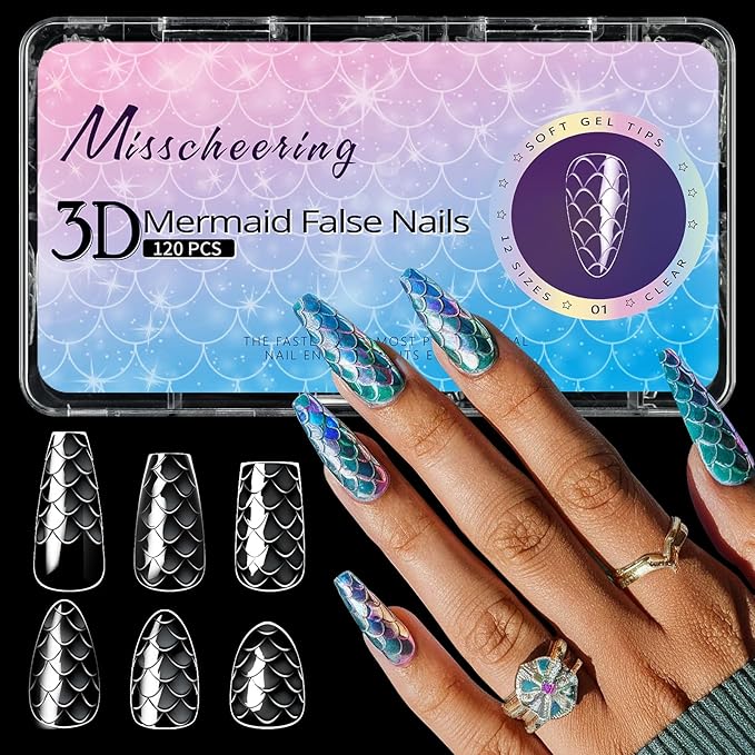 3D Diamond Shaped Polygel Nail, Extension Clear Full Cover False Nail Tips, Hybrid Gel Acrylic Nail, Diamond Fake Nails, 14 Sizes Building Artificial Press on Nail (Fish Scales 7, 140pcs)