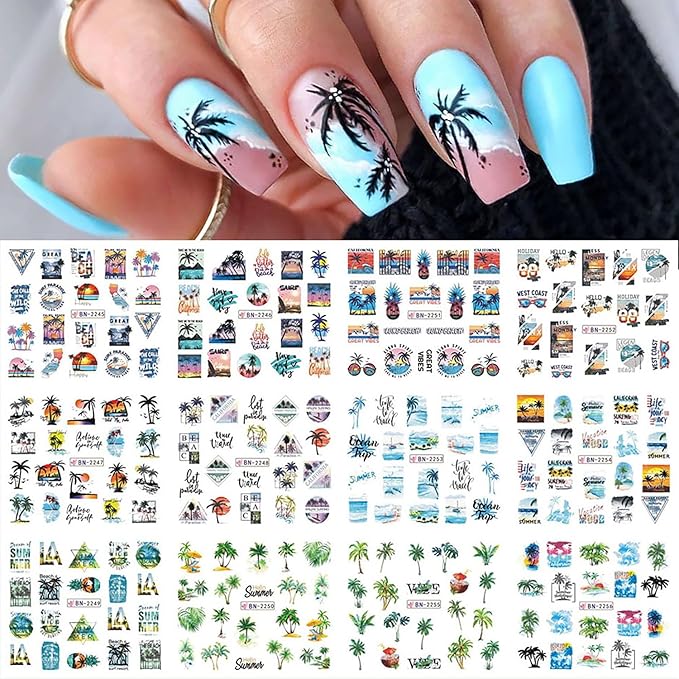 12 Sheets Summer Nail Art Stickers Beach Coconut Tree Ocean Water Transfer Nail Decals Colorful Nail Stickers Tropical Style Nail Sticker Self-Adhesive Nail Art Supplies for Women Manicure Decor