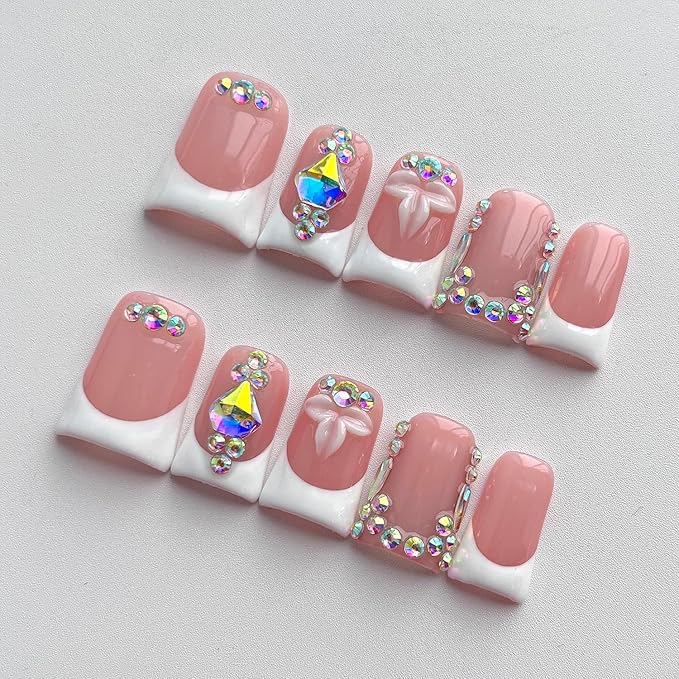 French Tip Press on Nails Handmade Short Duck 3D Flower Thick Acrylic Nails Elegant False Nails with Rhinestones Designs Wedding Glossy Fake Nail White Sturdy Art Press on Nail 10Pcs(M)