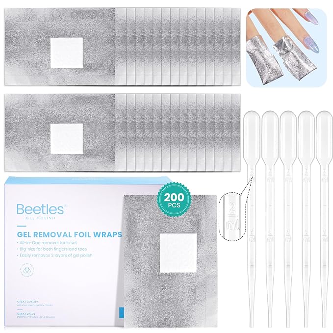 beetles Nail Remover Kit - 200Pcs Nail Soak Off Foil Wraps Gel Nail Polish Remover Tools Larger and Thicker Pre-attached Cotton Pad with Droppers, Easy Manicure Removal for Women Girls