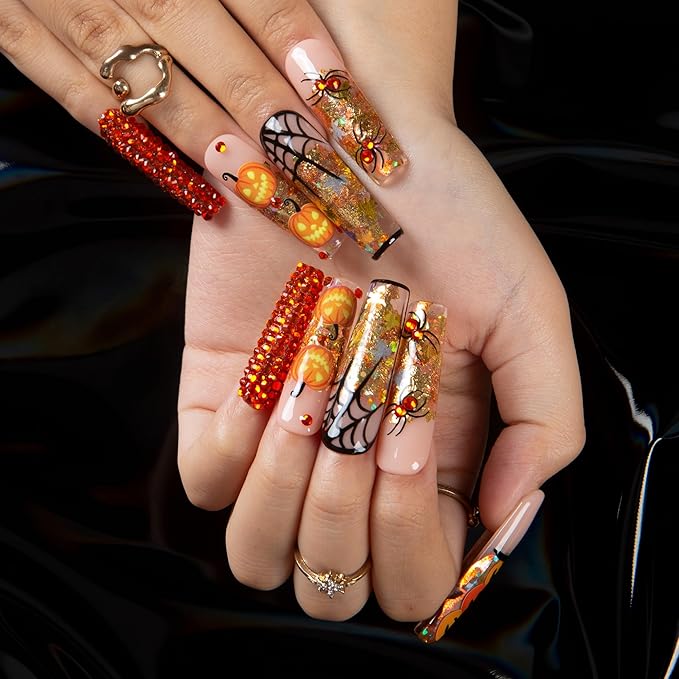 Lovful Halloween Press On Nails Pumpkin Party | Mid Length Handmade Acrylic Press ons | Reusable Fake False Nails | Square Mid length 1.7in | H661-M