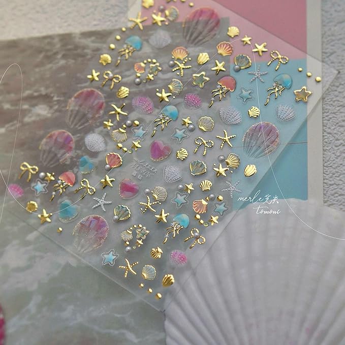 Laser Pearl Seashell Nail Stickers 5D Embossed Gold Ocean Nail Decals 3D Self-Adhesive Starfish Nails Supplies Jellyfish Nails Designs Summer Nail Art Decoration for Women DIY Manicure 1 Sheet