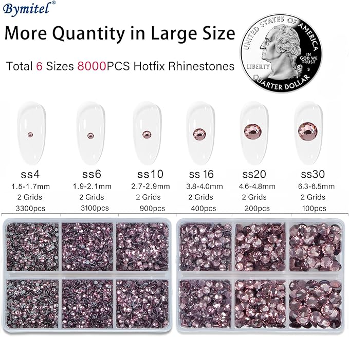 Bymitel Hotfix Crystal Rhinestones Round Gems for Crafts,Mixed 6 Sizes with Wax Pencil Kit, Lt. Amethyst 1.6-6.3mm SS4-SS30/8000pcs