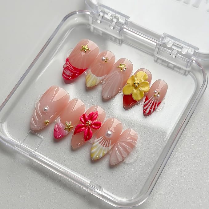 Luxury Press on Nails Medium Almond Handmade 3D Unique Reusable ABS Material Fake Nails French Tip False Nails with Designs Pink Floral Pearls Summer Glossy Glue on Nail Thick Acrylic Nail(M)