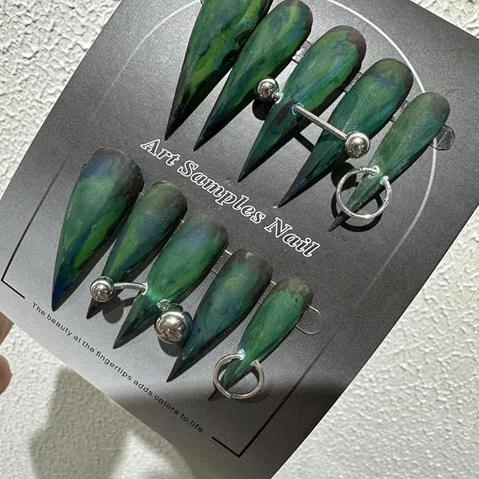 Stiletto Press on Nails Extra Long with Glue Glossy False Nails with Green hand-Painted Designs Handmade Eagle Dragon Cat Claw Unique Reusable Fake Nails