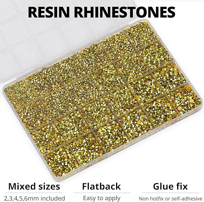 20100Pcs Metallic Gold Resin Rhinestones 2,3,4,5,6mm Flatback for Bedazzling Crafting Crafts Clothing Clothes Fabric Shoes Nail Art, Flat Back Gems Diamonds Bedazzled Bulk Jewels Crystals Gemstones