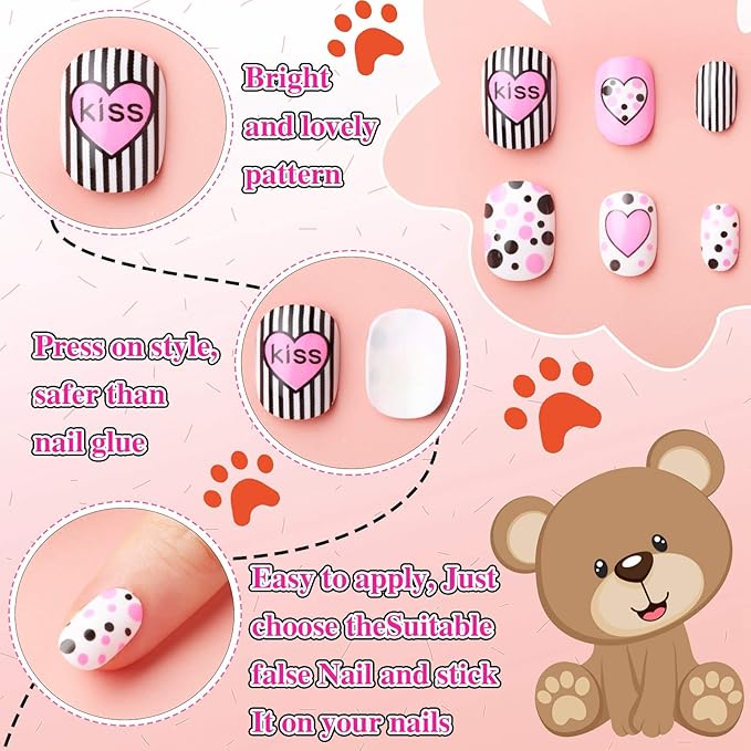120 Pieces Kids Press on Nails Children Fake Artificial Nails Girls Full Cover Short False Christmas Fingernails for Girls Kids Design Decoration(Sweet Pattern)