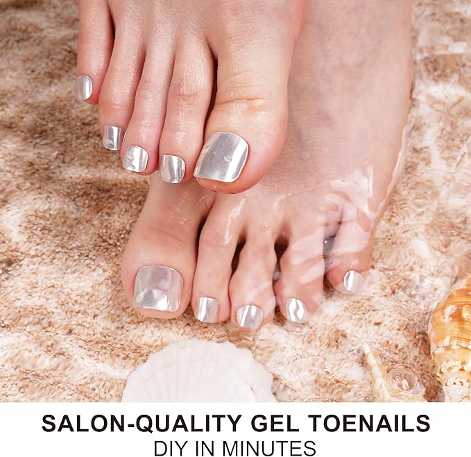 DANNI & TONI Semi Cured Gel Toenail Strips Sliver (Gloss Babe) Mirror Toe Nail Stickers Gel Pedi Wraps 37 Stickers
