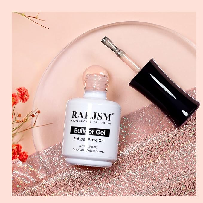 RARJSM Nude Glitter Rubber Base Gel Polish Melon Pink Rubber Base Gel for Nails Gold Shimmer Pigment Brush on Extend Builder Hard Gel Soak Off Curing Requires Single Bottle 15ml Salon Home DIY Use
