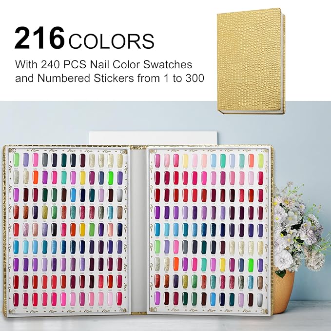 216 Colors Nail Swatches Book with 240 Nail Tips and Number Labels Leather Nail Gel Polish Display Book Nail Painting Practice Design Board No Need Pasting, No Need Glue