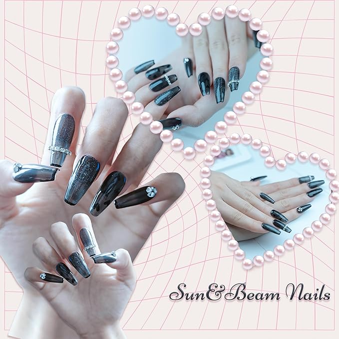 Sun&Beam Nails Handmade Press-on Medium Coffin Ballerina Grey Black Minimalist French Rhinestone Design Fashion False Nail Tips 10 Pcs Set (#170 XS)