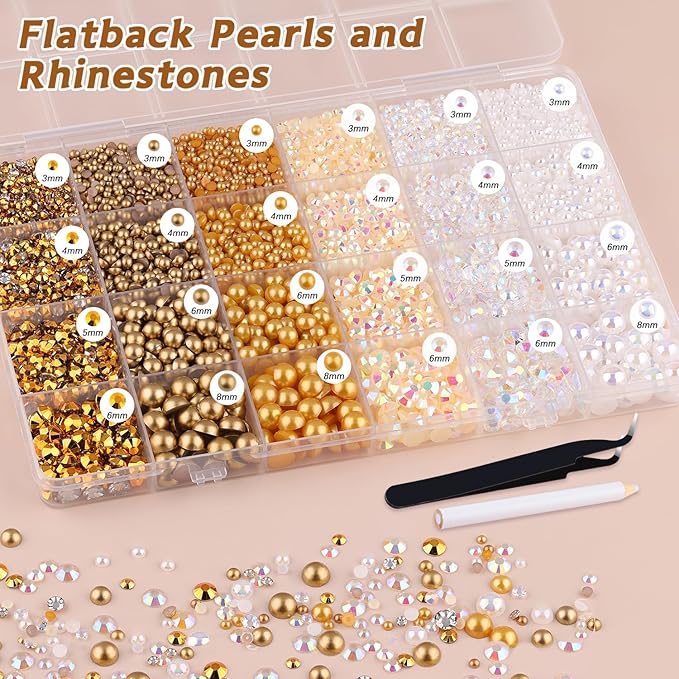 14000PCS Flatback Pearls and Gold Rhinestones for Bedazzling Kit, White Brown Mixed Size 3-10mm Resin Rhinestones Gems and Half Pearls for Crafting, Nail Art Crafts Decoration