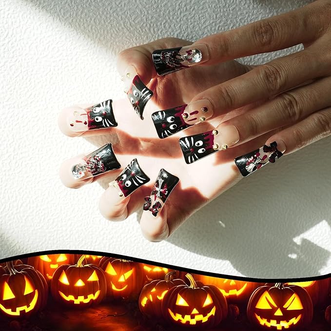 Long Duck Press on Nails - Hand-Painted Black Cat Design False Nails with Y2k Edgy Style Gold Spike Studs & Halloween Blood Drop Designs - Glossy High French Nails Tips (Hand-Painted Cat, M)