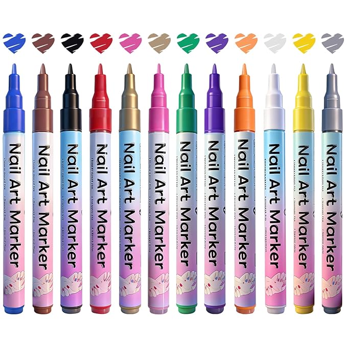 Nail Art Stencils Pens, 12 Nail Art Pens Markers + 14 Sheets Nail Stencils Cute Heart Butterfly Flowers Star Nail Stickers for Women Girl, Flexible Brush Tip, Bright Colors, DIY Nails Art Design Tools