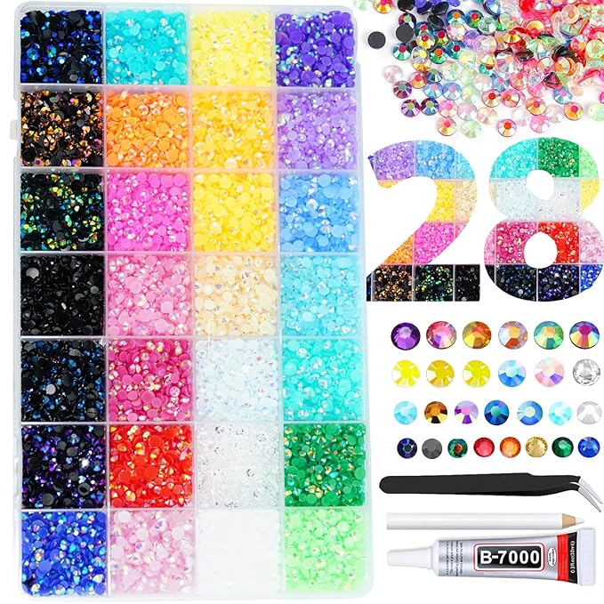22000PCS Resin Rhinestones for Crafting, 28 Multicolor Mixed 3mm 4mm 5mm Non-Hotfix Stones, Bulk Colorful Jelly AB Bedazzling Gems with B7000 Glue for DIY Crafts for DIY Art