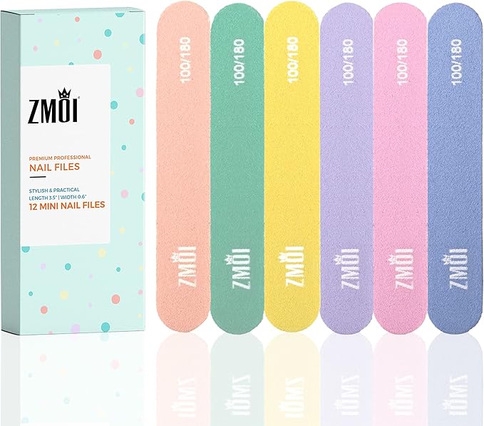 Professional Mini Nail File – 12 Stylish - Practical Fingernail File Pack for Natural and Acrylic Nails 100/180 Emery Boards (Macaroon Color)