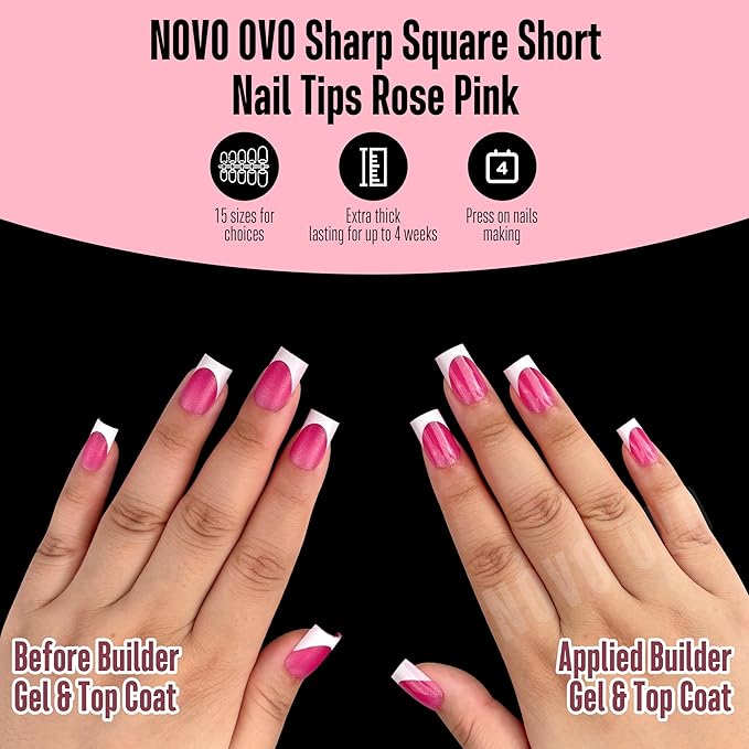 NOVO OVO Short Sharp Square White French Tip Nail Tips Press on ROSE PINK, Need Builder Gel Top Coat Nail Glue, Soft Gel Fake Nail Extension, Full Cover False Nails for Salon DIY x 15 Sizes 240 pcs