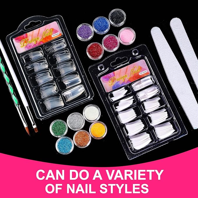 Acrylic Nail Kit for Beginners with Everything 12 Glitter Acrylic Powder, Tips, Decoration Supplies for Professional Nail Art Tools Women DIY Gifts