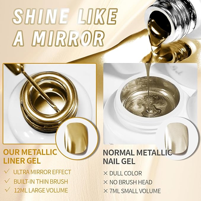 12ml Metallic Painting Gel Liner Nail Art 3D Mirror Chrome Effect Nail Polish Metal Painted Drawing Build in Thin Brush Soak Off UV/LED Gold Striper Gel for Salon Home DIY Manicure