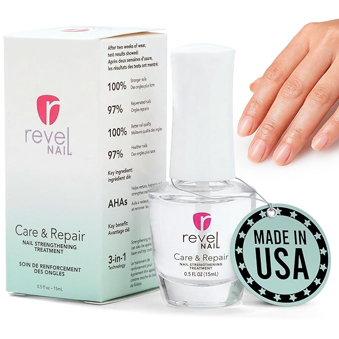 Revel Nail Care & Repair Strengthener, Clear Formula with AHA, Calcium & Vitamin E for Weak, Brittle or Peeling, Made in USA