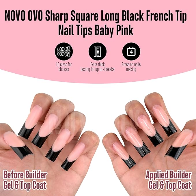 NOVO OVO Soft Gel Nail Tips Long Square - Black French Tip on Baby Pink Base, 180Pcs Full Cover False Nails for Gel X Extension, Sharp Shape Pre-Designed Press on Nails for DIY Home Salon (15 Sizes)