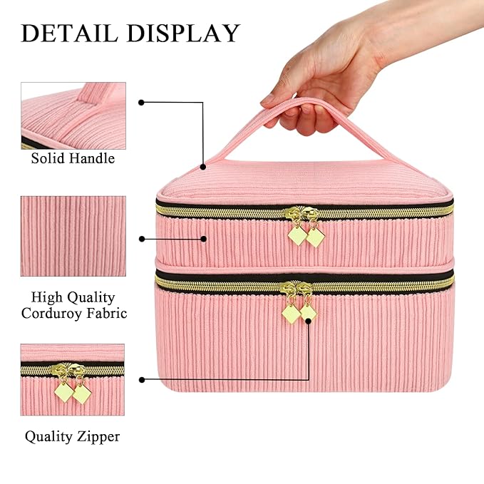 Nail Polish Organizer- Holds 30 Bottles, Nail Organizers and Storage Double-Layer Nail Bag Organizer Case Nail Polish Holder with Handle, Nail Kit Organizer for Manicures Tools (Pink)