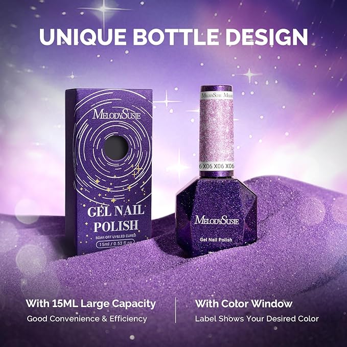 MelodySusie Galaliver Pink Glitter Gel Nail Polish, 15ML Sparkly Purple Shimmer Gel Polish Soak Off UV LED Cured Long Lasting Gift for Women DIY Nail Design Nail Art Manicure X06
