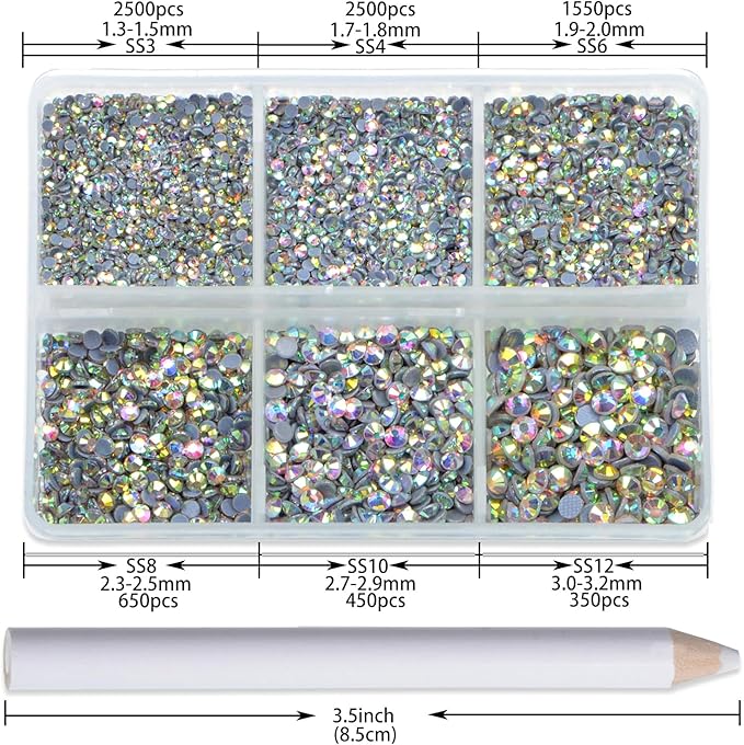 NCB Hotfix Iron on 8000pcs Crystal Rhinestones Round Gem for Crafts Decoration DIY Jewelry Making with a Picking Pen (Crystal AB, 6Sizes SS3-SS12)
