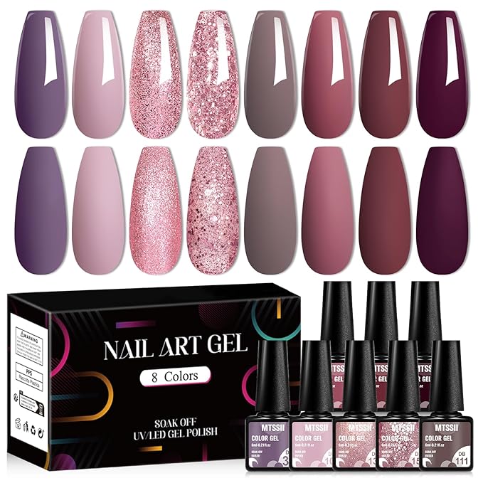 MTSSII 8 Colors Gel Nail Polish Set, Fall Colors Nude Pink Burgundy Glitter Brown Gel Polish Set Long-Lasting Uv Lamp Cured Soak off Nail Art Kit for Home Nail Salon