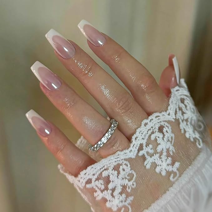 Pearlescent Press on Nails Medium, Glazed White French Fake Nails Coffin Chrome Acrylic Press Ons for Women, Natural Fit Full Cover Glue on Nails in 12 Sizes - 24 Pieces Nail Kit