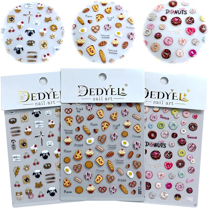 Dedyel Food Nail Art Stickers 3D Cake Dessert Donut Ice Cream Cookies Fruit Bread Self-Adhesive Nail Stickers for Women Girls Kids