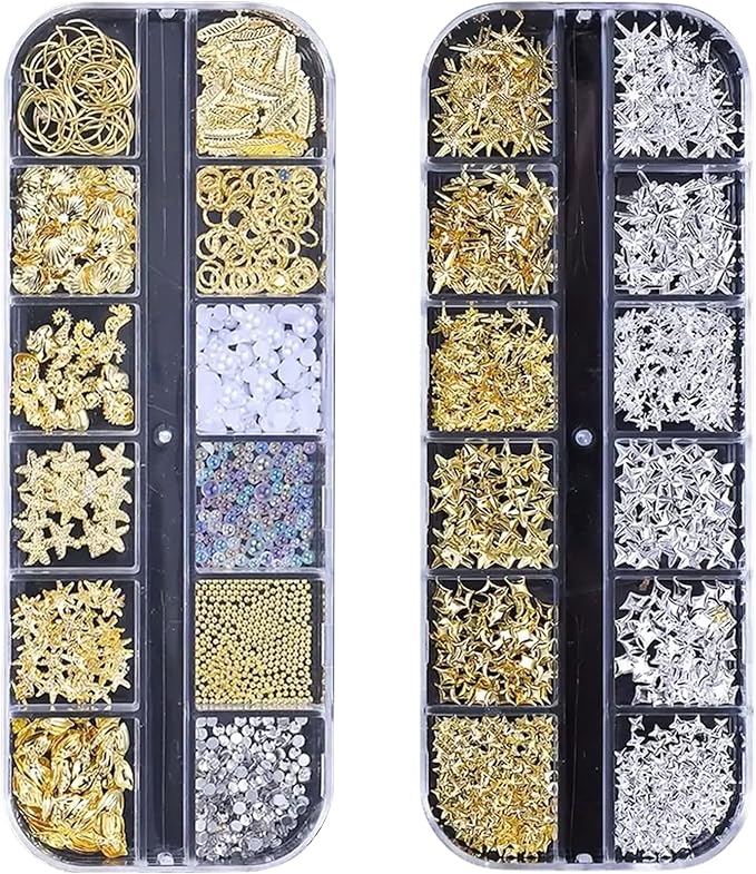 Gold Silver 3D Nail Charms, 2Boxes 24Grids Bow Star Nail Gems Nail Studs,Punk Metal Alloy Rivet Stickers Bowknot Nail Art Decorations Accessories for Nail Art Design DIY Crafts (Gold Silver F)