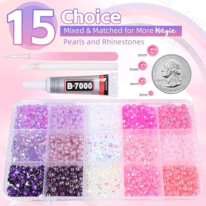15 Grids Pearls and Resin Rhinestones for Crafting, Pink Colors White Purple Bedazzling Gems Kit, Jelly Resin Rhinestones for Nails Face Eyes Makeup Crafts Tumblers Bottles