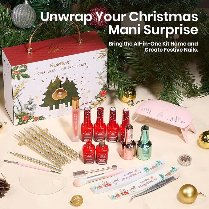Beetles 27Pcs Gel Nail Polish Kit with U V Light -6 Colors Valentine Gel Nail Polish Set Red Jelly Cat Eye Glitter Gold Merry Glitz Set Soak Off Home Salon DIY Manicure Set Gifts for Women Teen Girls