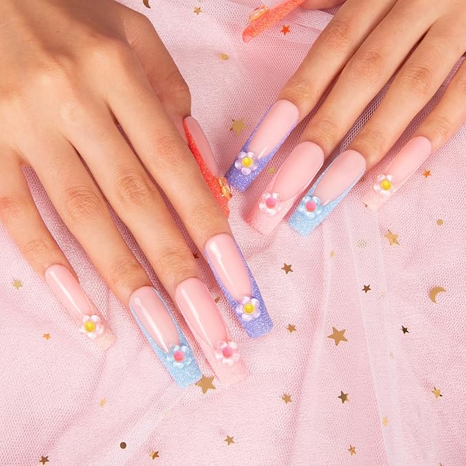 LOVFUL Press on Nails | Handmade with Full Covered Crystals| Reusable Fake Nails| Square Mid length 1.7in| H213-S
