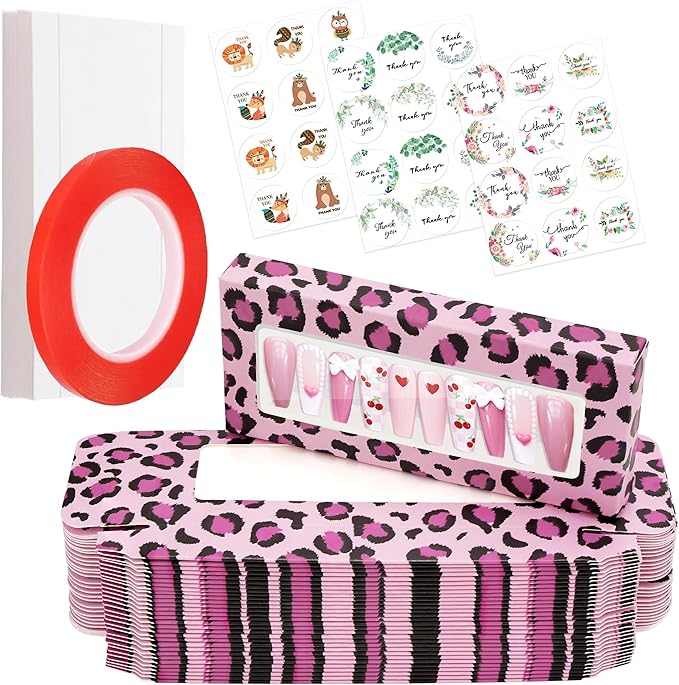 74PCS Press on Nails Packaging Box Set Includes 35PCS Empty Nail Package Box 35PCS White Background Paper 1 Double Sided Tape and 3 Thank You Stickers for Press on Nail Business (Pink Leopard)