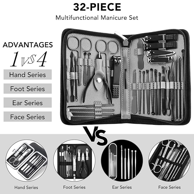 Manicure Set 32pcs Professional Nail Clippers Kit Pedicure Care Tools-Stainless Steel Grooming Tools for Travel