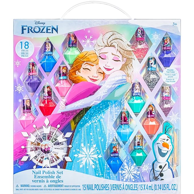 Disney Frozen Non-Toxic Peel-Off Nail Polish Set with Shimmery and Opaque Colors with Nail Gems for Girls Ages 3+, Perfect for Parties, Sleepovers and Makeovers, 18 Pc Set by Townley Girl
