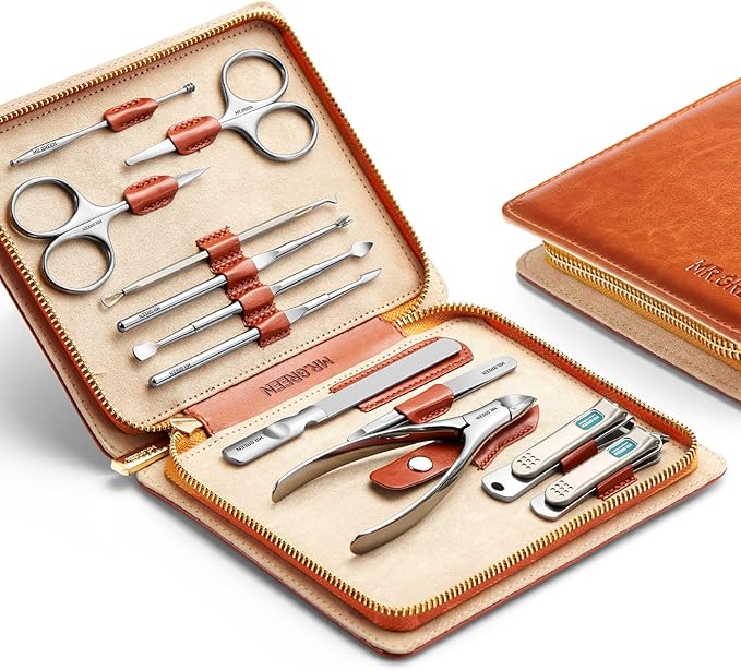 MR.GREEN Manicure Set 12 in 1 Multi-Function Nail Clippers Personal Care Tool Kits Stainless Steel Pedicure Sets with Leather Case Idea Gift (12Pcs Set)