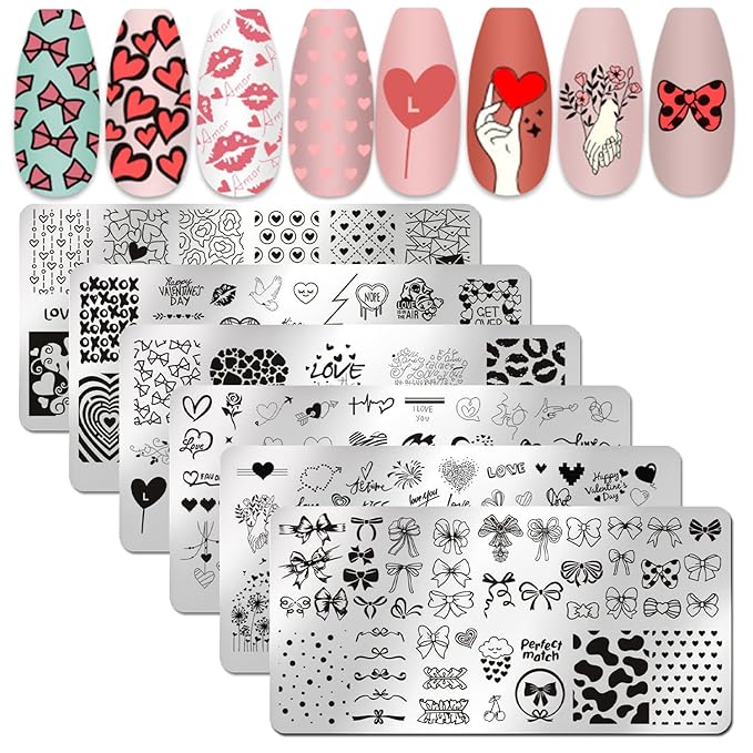 SILPECWEE 6 Pieces Valentine's Day Nail Stamp Nail Stamping Plate Holiday Heart Nails Design Nail Stencils Nail Art Template Nail Polish Stamp Tools Nail Art Accessories for Acrylic Nails
