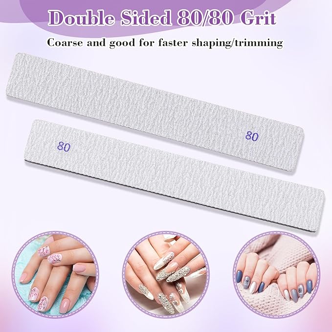 Xinnun 150 Pcs Nail Files 80/80 Grit Double Sides Professional Reusable Emery Board Nail Files for Acrylic Manicure Tools Suit for Home Salon