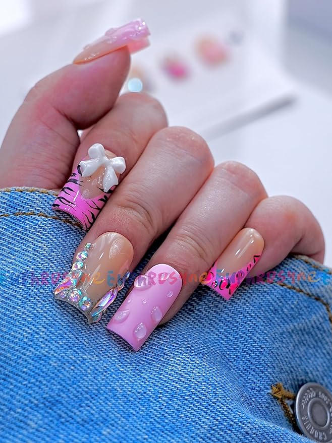 Y2K Press On Nails – 10pcs Pink Nude Ombre Fake Nails with Zebra Print, Leopard Design & Rhinestone Charms – Medium Square Cute Stick On Nails for Women and Teen Girls – Euphrosyne