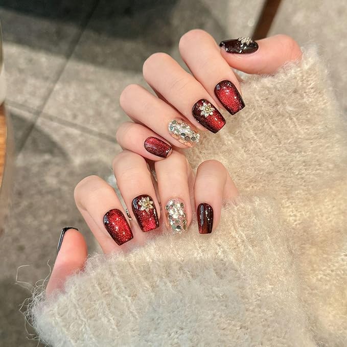 Short Square Press on Nails - Handmade Manicure Art Reusable False Nails 10pcs with Solid Nail Glue, Nail Adhesive Tabs, Strong Nail Glue (2701-Short)
