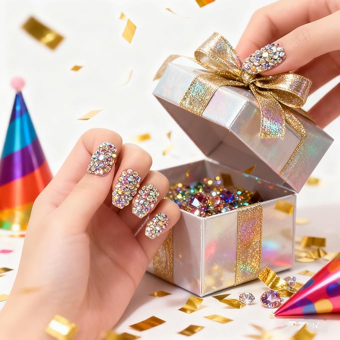 Handmade 24pcs Full 3D Rhinestone Press on False Nails Medium length Coffin Fake Nails Salon DIY Manicure Reusable Acrylic Shiny Crystal Nail Art Tips Gift for Women Girls