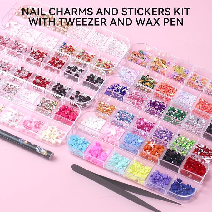 Nail Charms Kit with 30 Sheets Flower Nail Stickers,Colorful Heart Flower Bow 3d Nail Rhinestones And Gems,Nail Pearls Jewels,Tweezer and Wax Pen,Nail Art Tools for DIY Nail Design