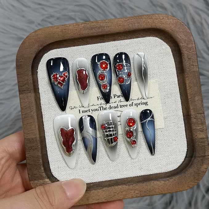 Halloween Vampire Nails,Gothic Press On Nails Long Stiletto With Tools,Black Dark Ombre Fake Nails with Red Gems,10Pcs Hand-Painted Glossy Acrylic Glue on Nails for Women Parties Events(XS)